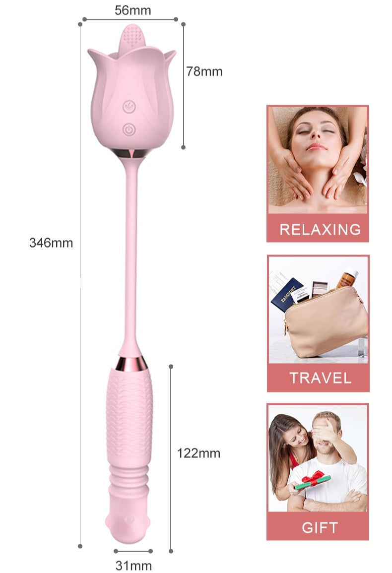 Lurevibe - 3-in-1 Blooming Sexy Pink Rose Toy Rotating Pearls Telescopic Tongue-licking Vibrator