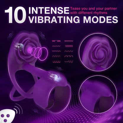 Lurevibe - 3 IN 1 Vibrating Rose Penis Ring with 10 Vibration