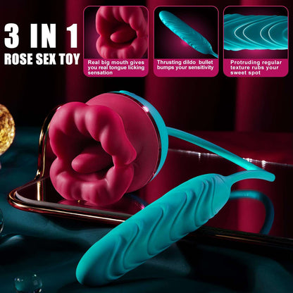 Lurevibe - Big Mouth 3in1 Rose shaped Vibrator With 9 Tongue Licking & 6 Thrusting G Spot Dildo