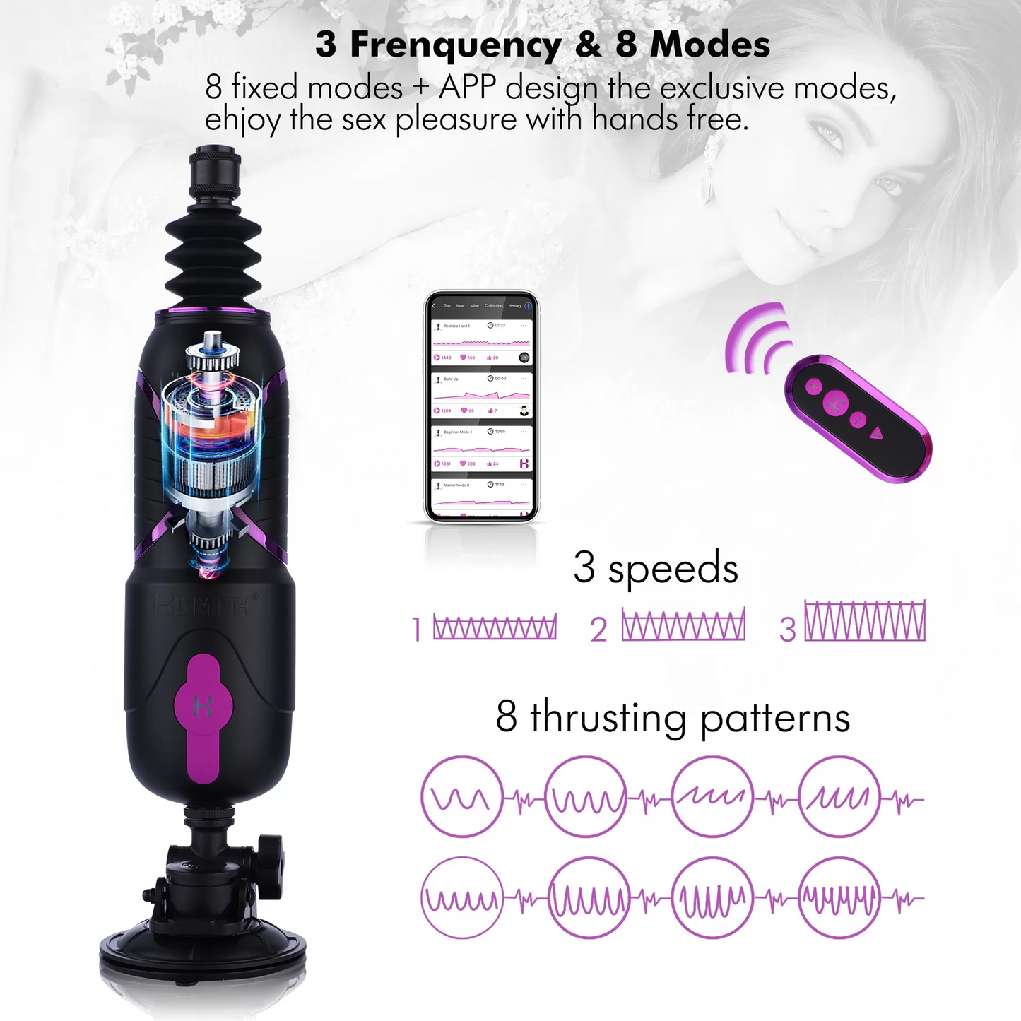 Hismith Pro Traveler 2.0, Portable Sex Machine App Controlled With Remote - 6.8" Silicone Dildo